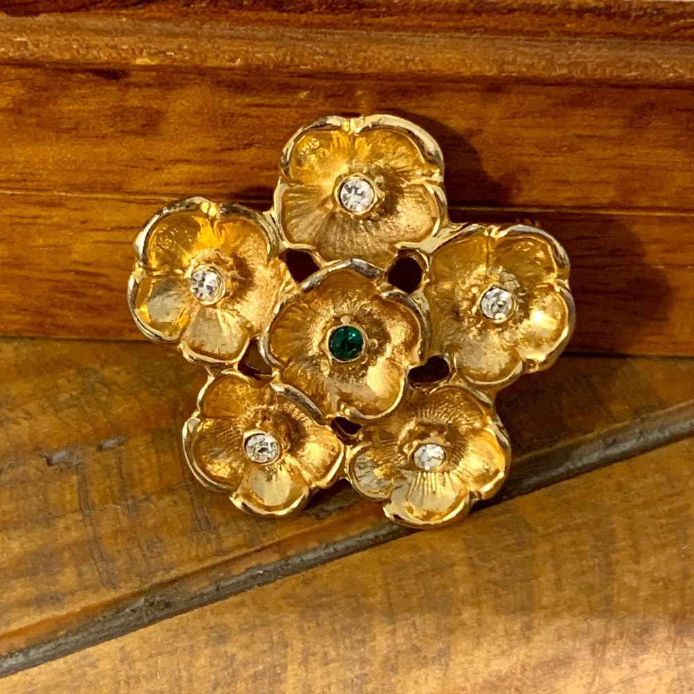 Vintage Green Clear Rhinestone Flower Brooch